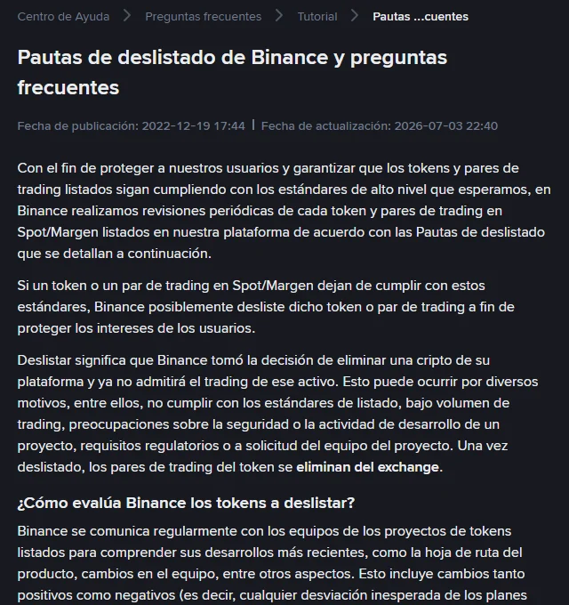Página del centro de ayuda de Binance en español, Pautas de deslistado de Binance y preguntas frecuentes, con fecha de publicación 2022-12-19 y fecha de actualización 2026-07-03 bajo el título, y el párrafo que define qué significa deslistar