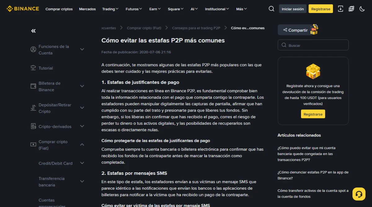 Página del centro de ayuda de Binance en español titulada Cómo evitar las estafas P2P más comunes, con el primer apartado sobre justificantes de pago y la recomendación de comprobar la cuenta bancaria antes de marcar la transacción como completada